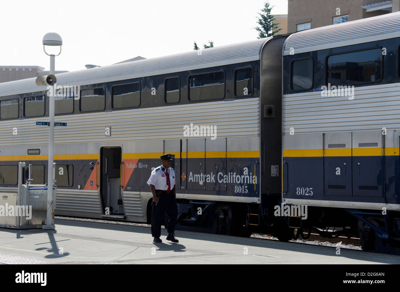 California, Oakland. Jack London Square, Oakland Amtrack Station. Passenger train at the Oakland station platform. Stock Photo