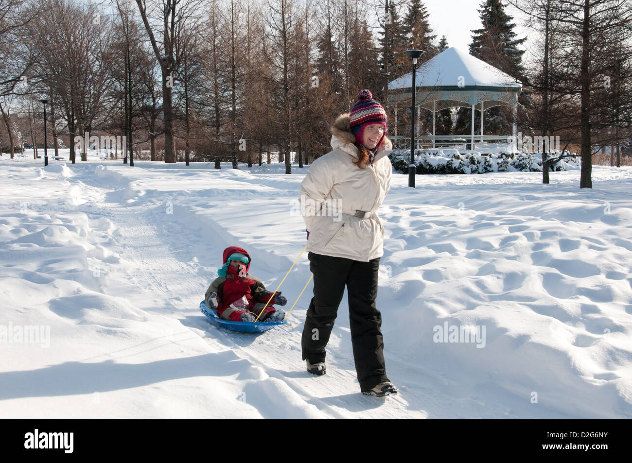 Mother and daughter Jarry Park winter Montreal Quebec Canada Stock