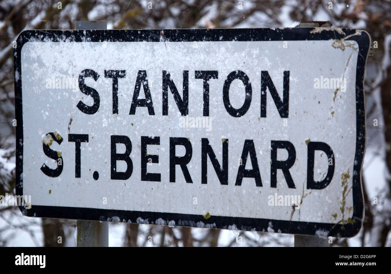 Stanton St Bernard Sign in snow Wiltshire England UK Stock Photo