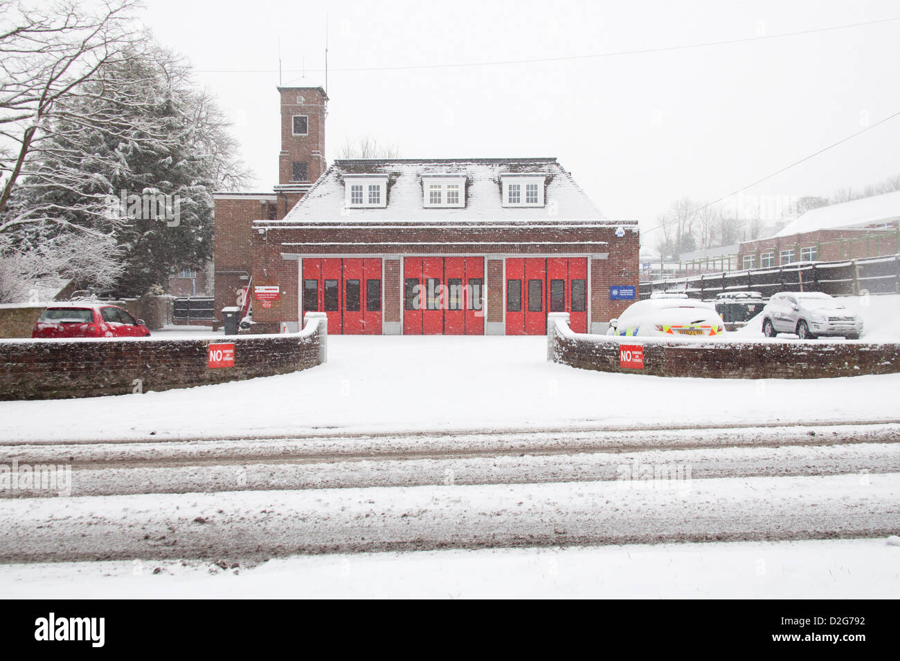 The Fire Station  in Alresford covered in snow, Hampshire, England, United Kingdom, Stock Photo
