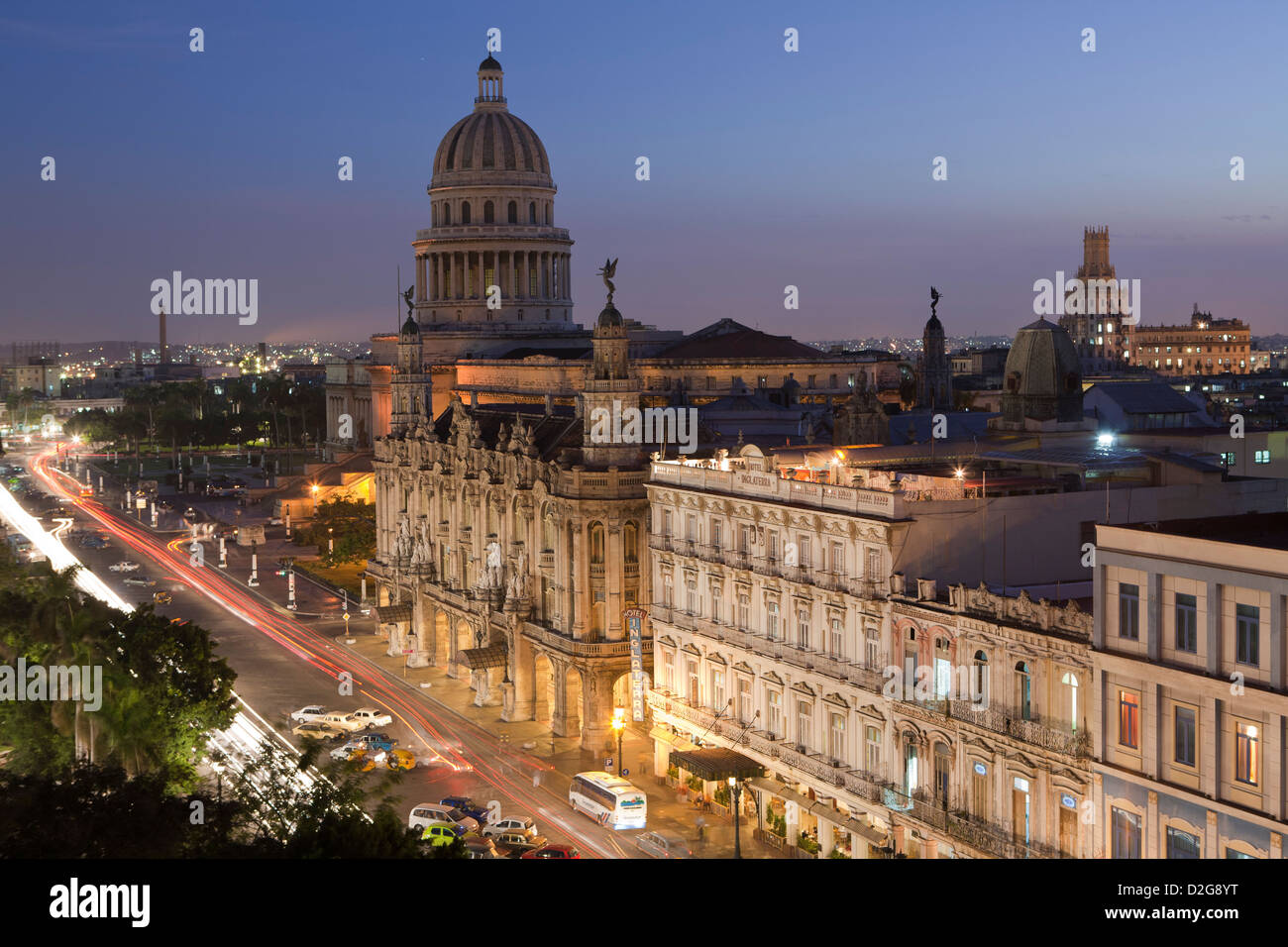 Hotel Inglaterra and Capitolio Building, Paseo del Prado, shot at night in Havana, Cuba Stock Photo