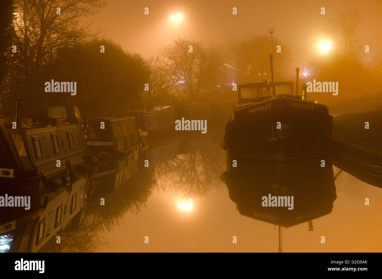 A misty night on the Leeds Liverpool canal, Skipton North Yorkshire. UK Stock Photo