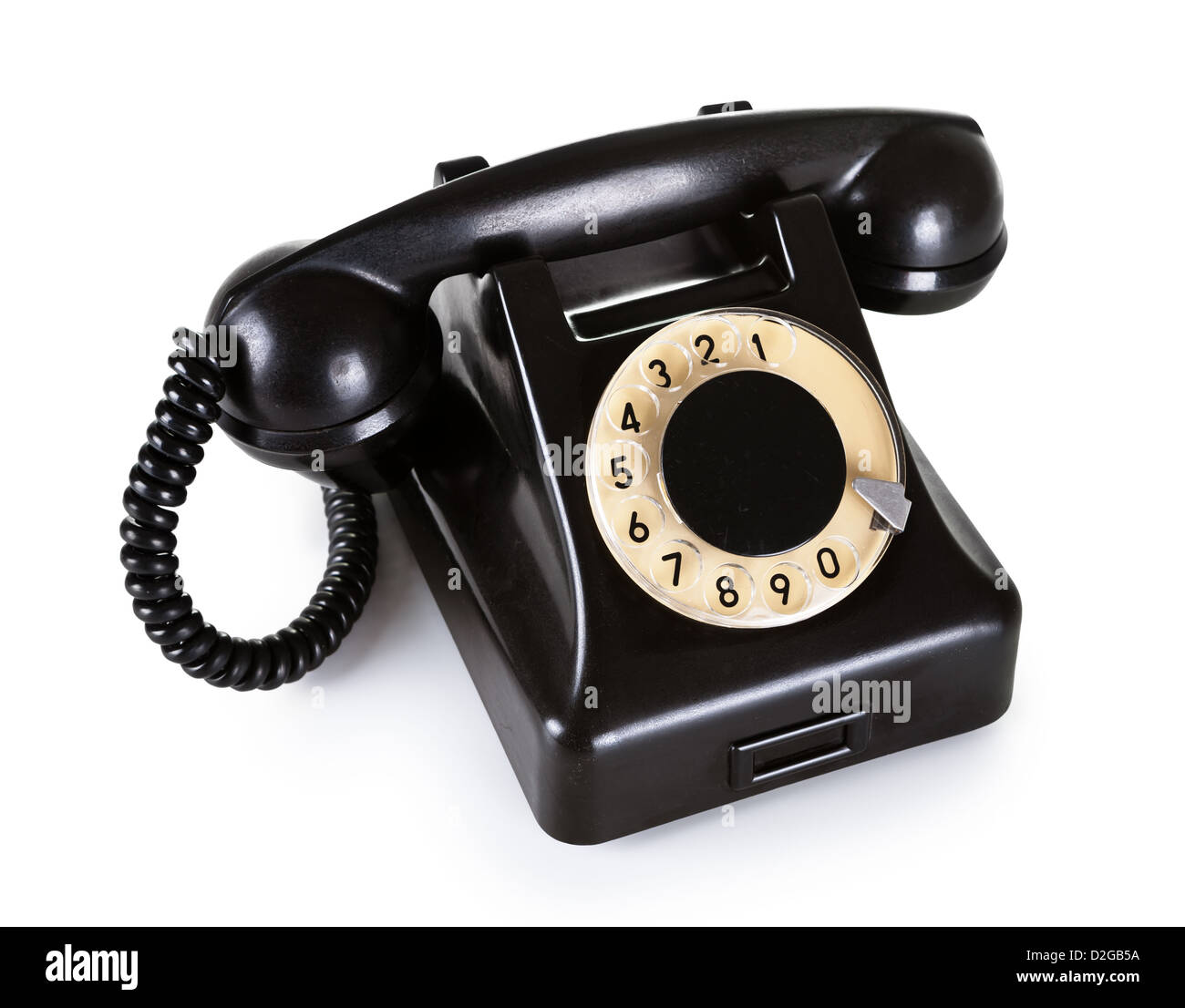 Old black vintage telephone with rotary dial on white background