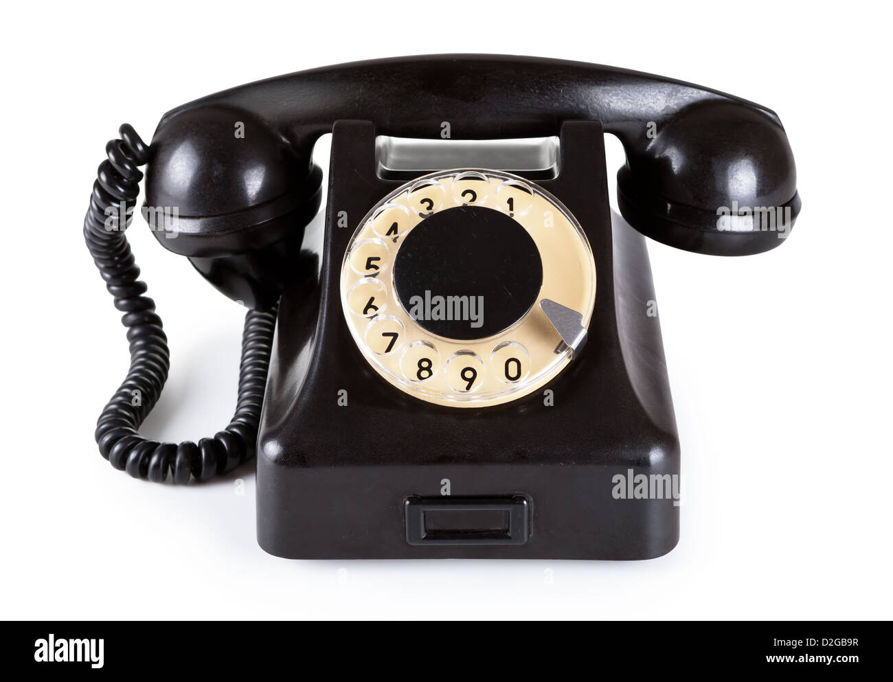 Old black vintage telephone with rotary dial on white background Stock Photo