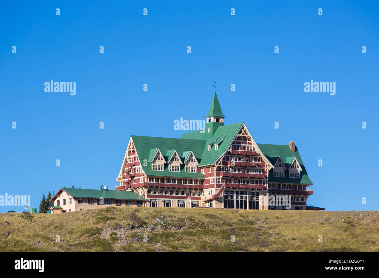 Exterior of Prince of Wales hotel in Waterton Lakes National Park in Alberta Canada Stock Photo