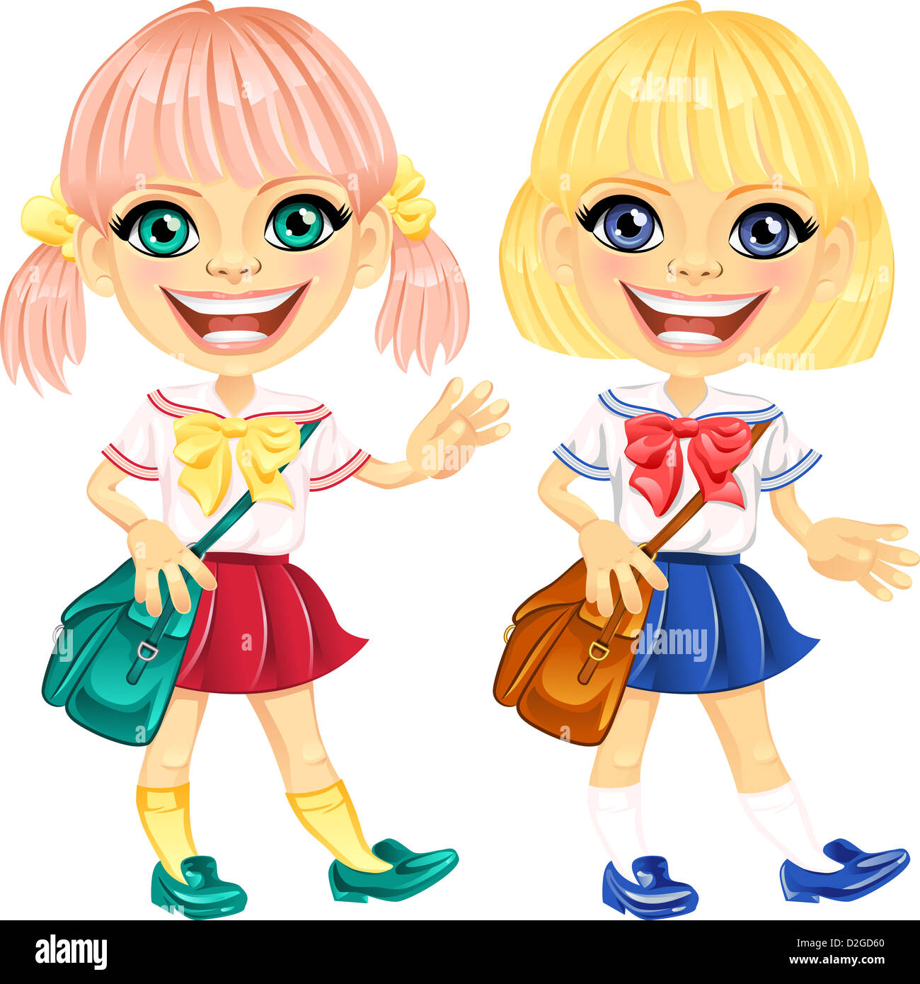smiling happy blond girls in a school uniform with a school bag Stock ...