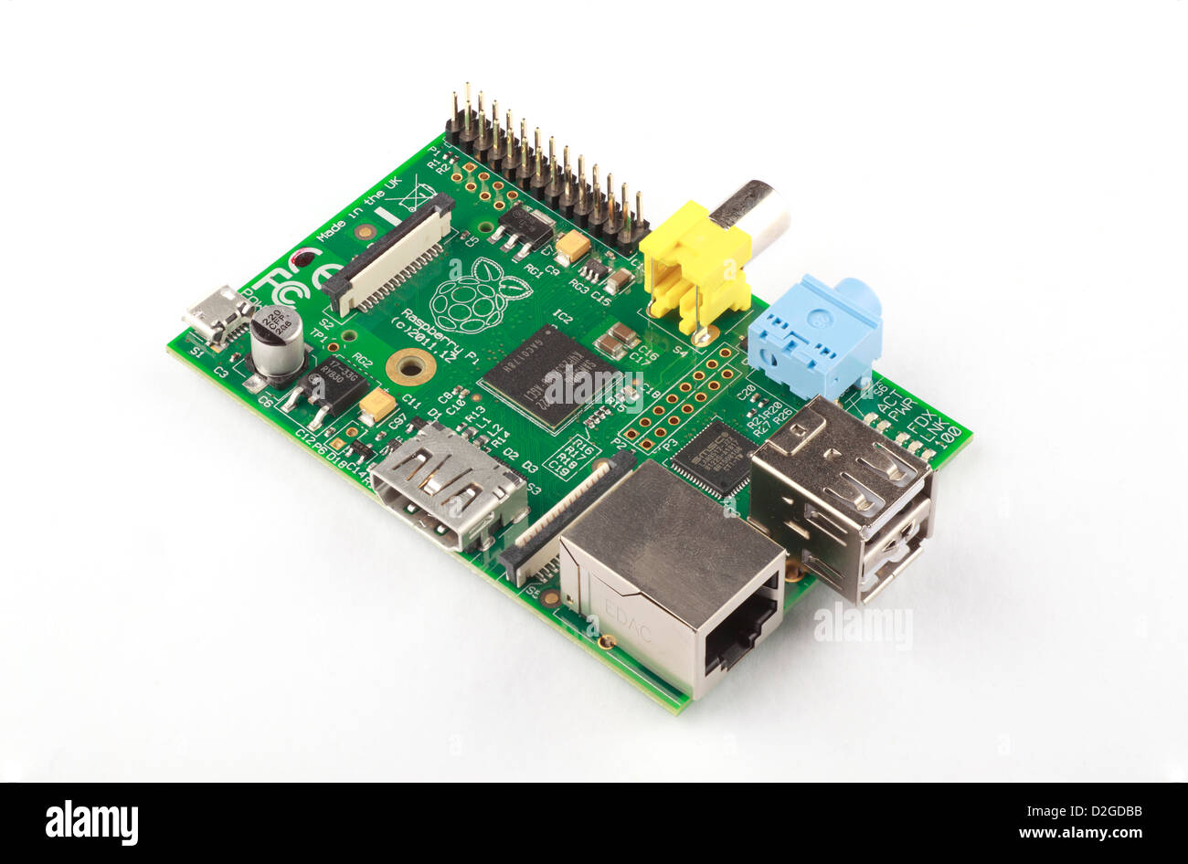 Raspberry pi - small low cost arm computer aimed at hobbyists and schools. Isolated on white background. Stock Photo