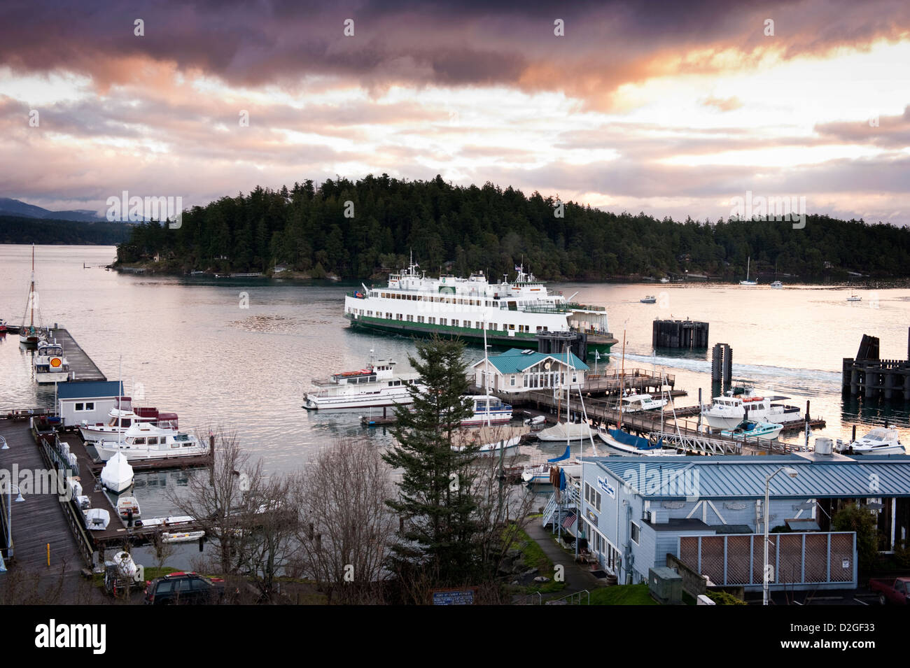 Friday Harbor, San Juan Island, Washington. A Washington State Ferry boat pulls out of the dock