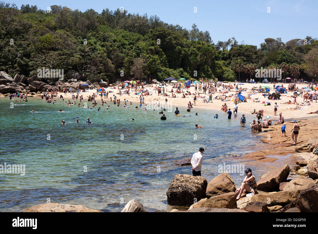 Summer crowds sunbathing and swimming at Shelly Beach near Manly Sydney Australia Stock Photo