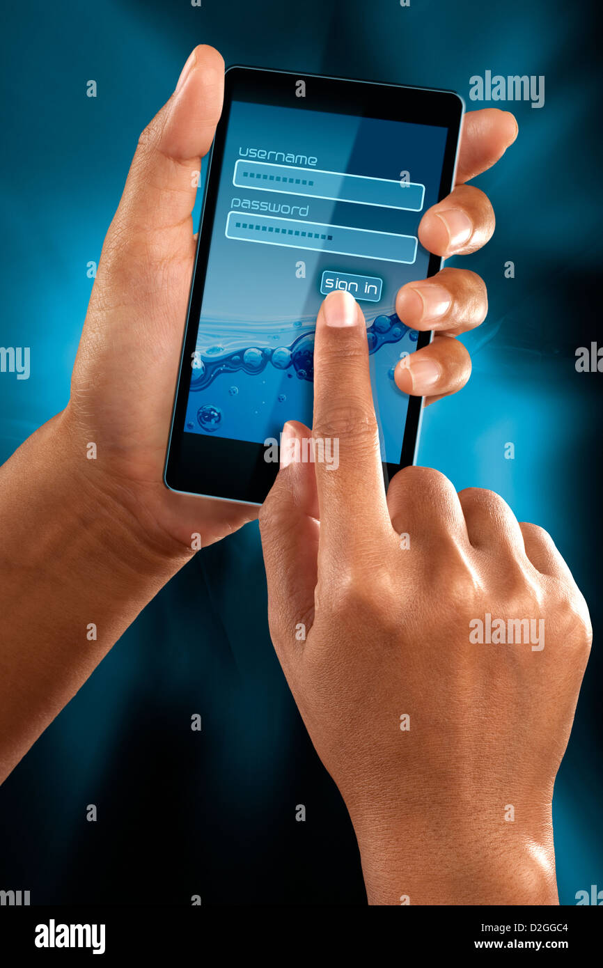 A woman use a mobile phone to sign in with login and password, Stock Photo
