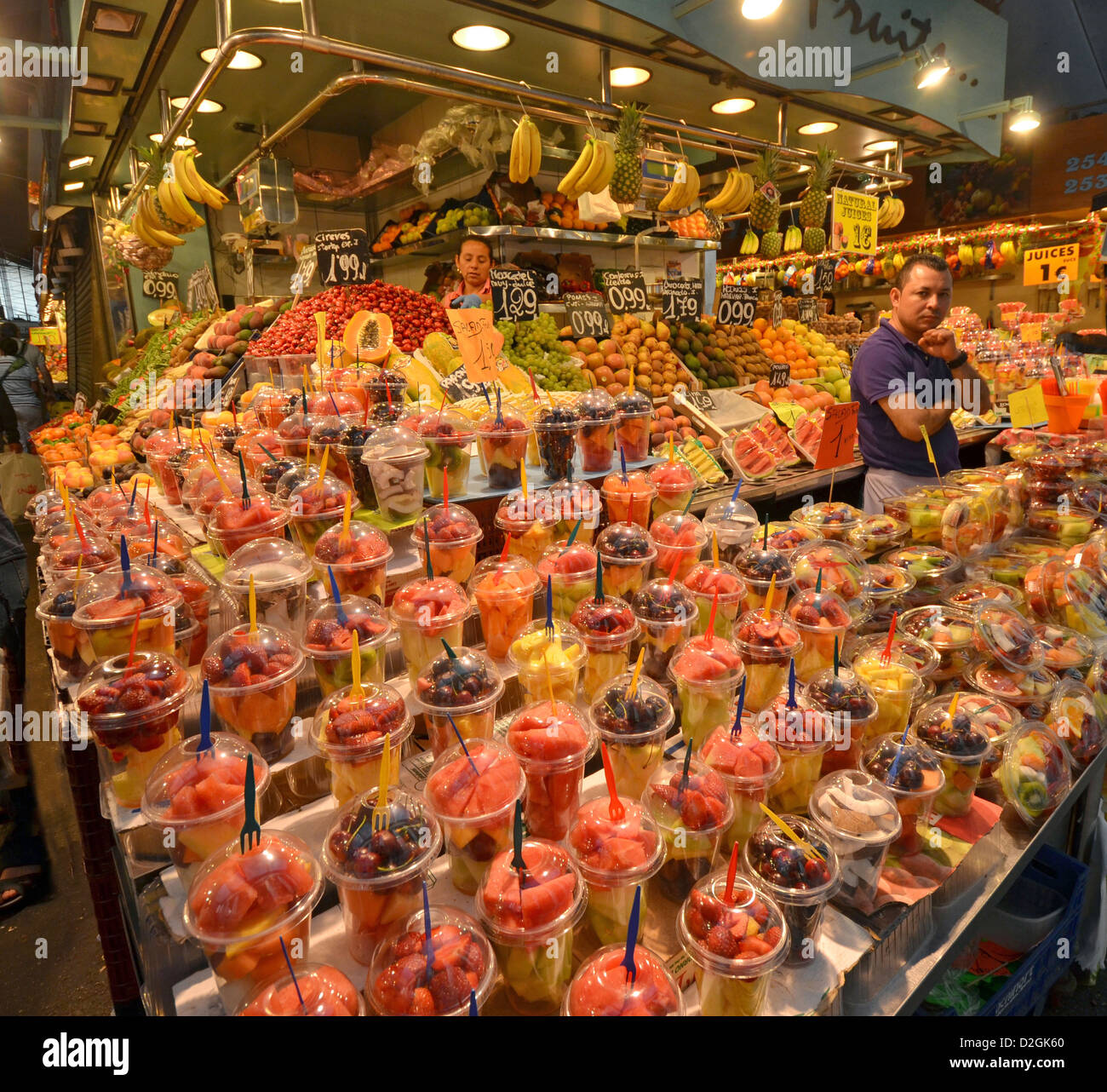 Fruit stand at La Boqueria market in Barcelona, Spain located off ...