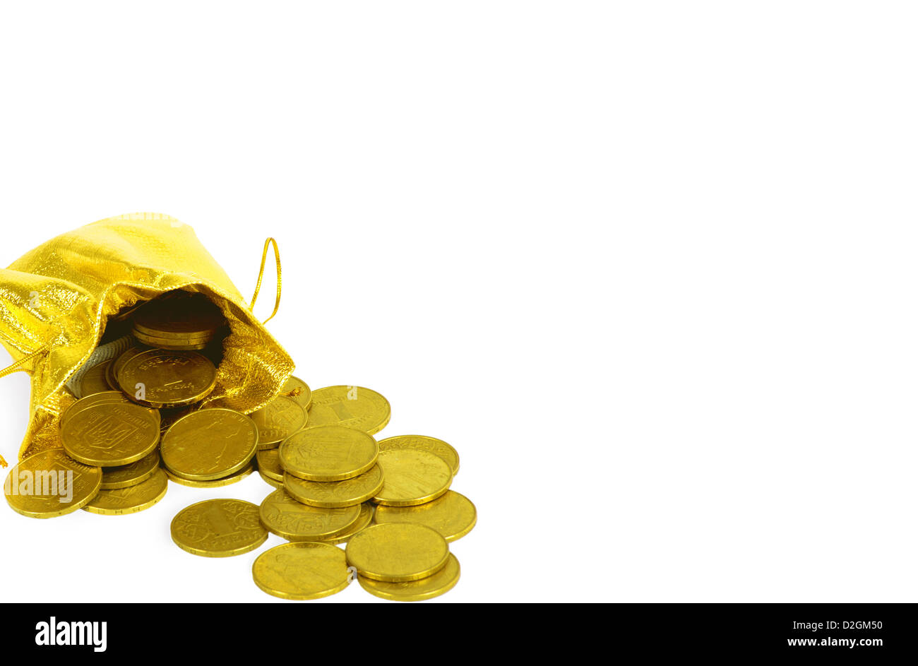 Money coins in golden bag isolated on white Stock Photo - Alamy