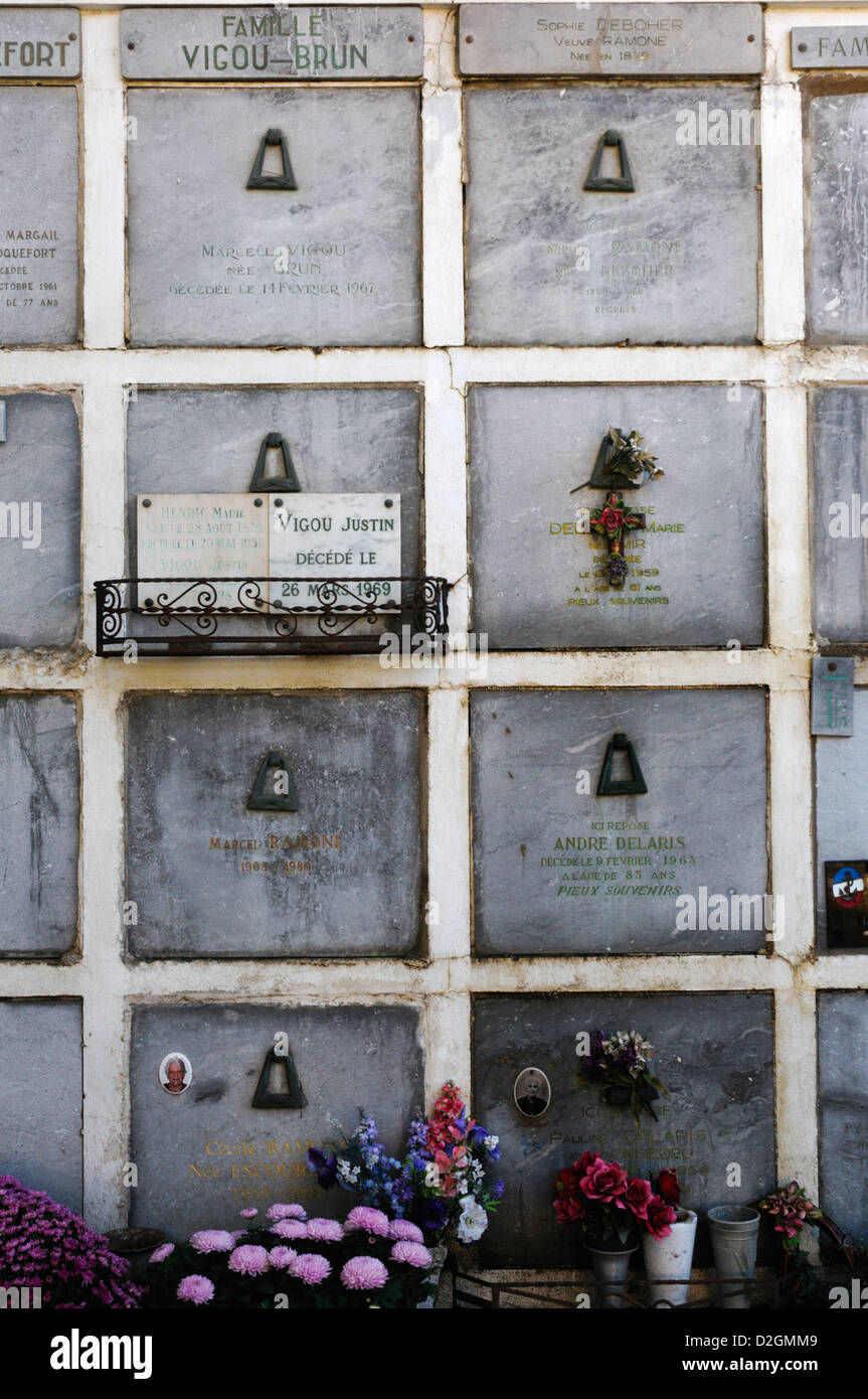 Stacked vaults in the cemetery of the southern French town of Collioure Stock Photo