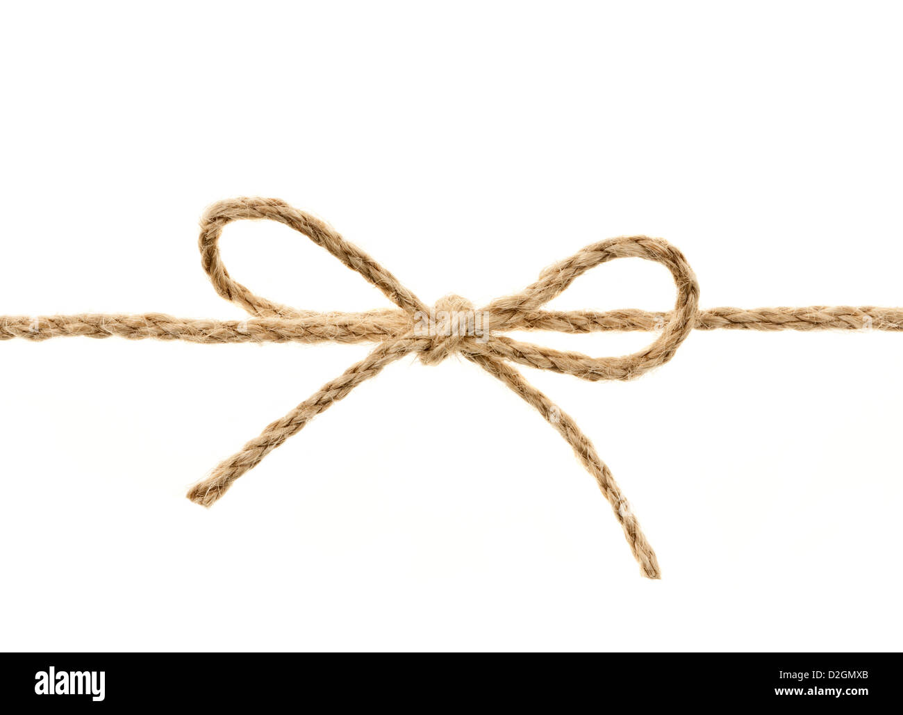 Closeup of braided twine tied in a bow knot isolated on white
