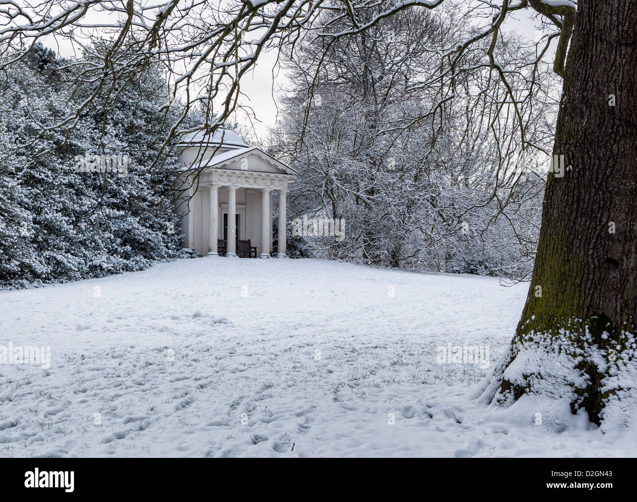 The Temple of Bellona at a snow covered at Kew Gardens, Greater London, UK Stock Photo