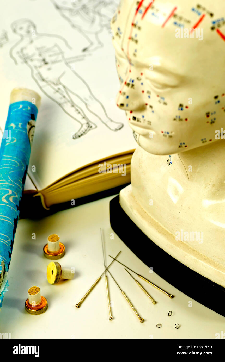 Acupuncture needles, head model, textbook and moxibustion roll Stock