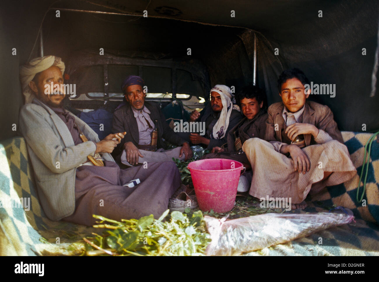 Sada Yemen Men Chewing Quat In Back Of Lorry Stock Photo