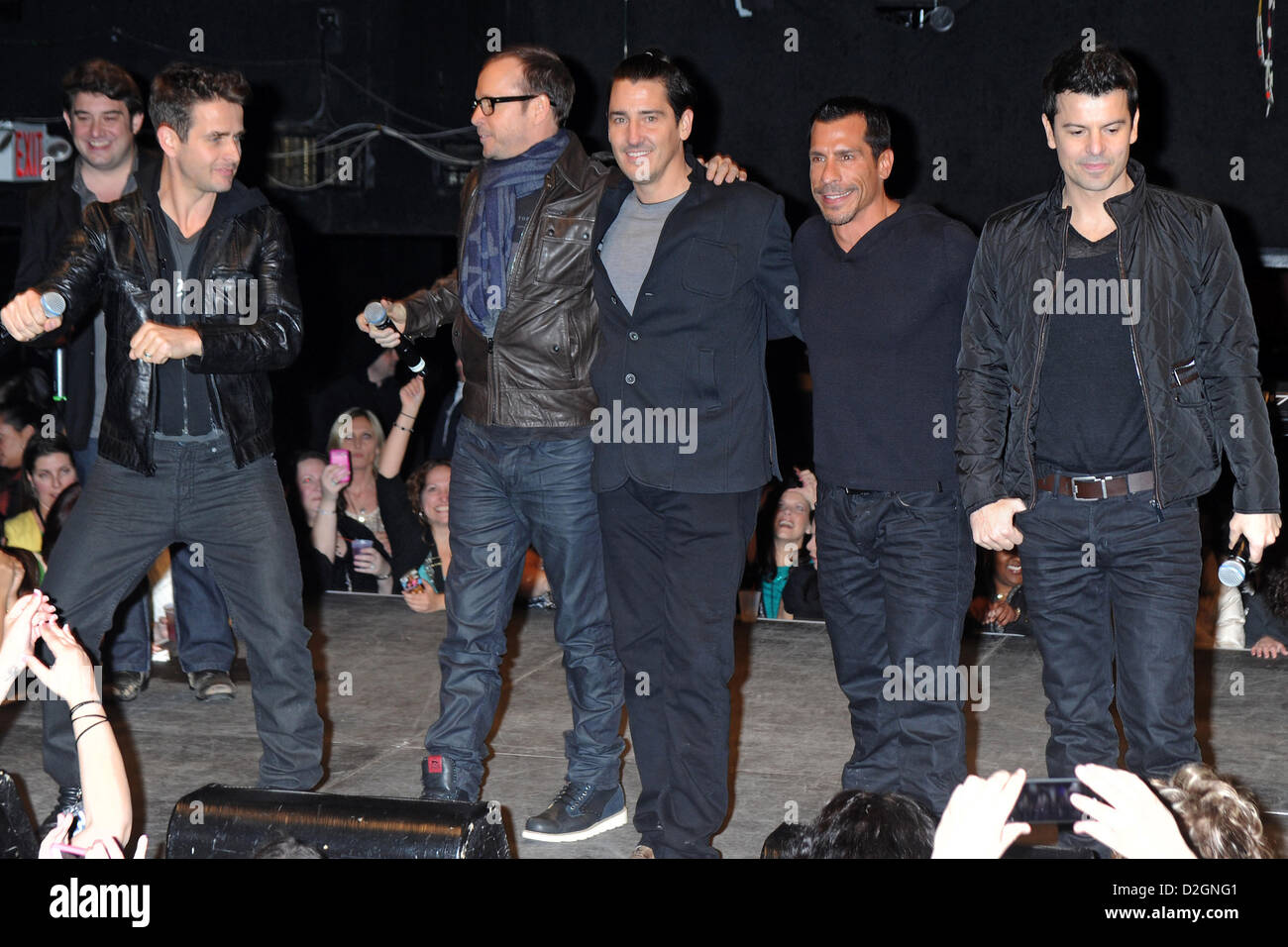 Band members from The New Kids On The Block (L-R) Joey McIntyre, Donnie Wahlberg, Jonathan Knight, Danny Wood and Jordan Knight during the New Kids On The Block Tour Announcement at Irving Plaza on January 22, 2013 in New York City Stock Photo