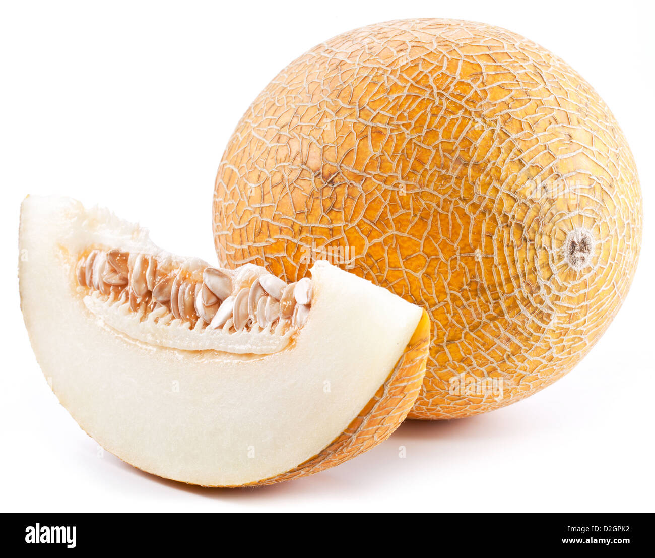 Melon with slices and leaves on a white background. Stock Photo