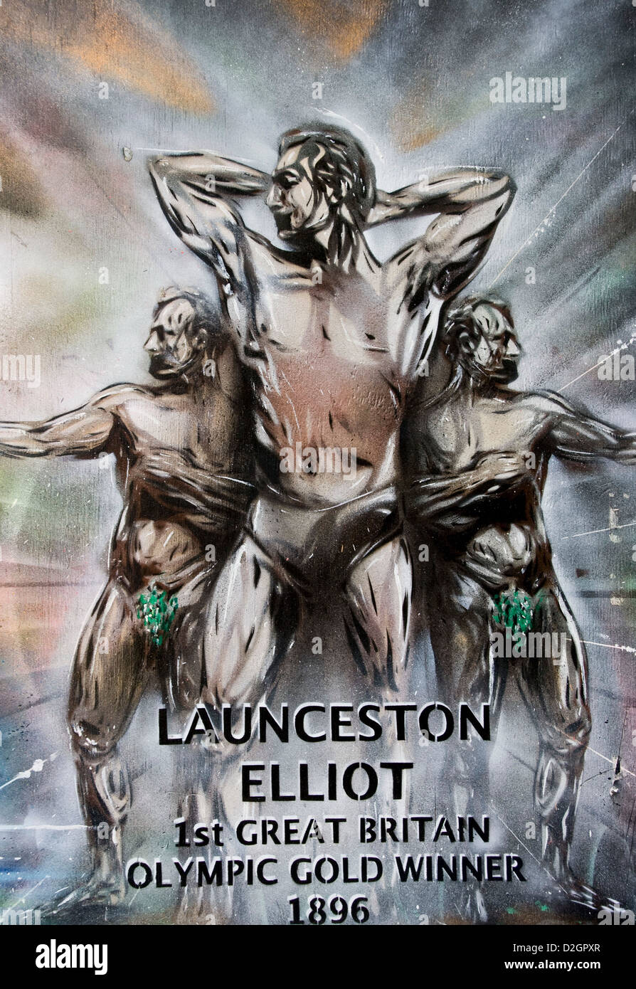 Urban graffiti of Launceston Elliot Britain's 1st Olympic champion by street artist Paul Don Smith east London England Europe Stock Photo