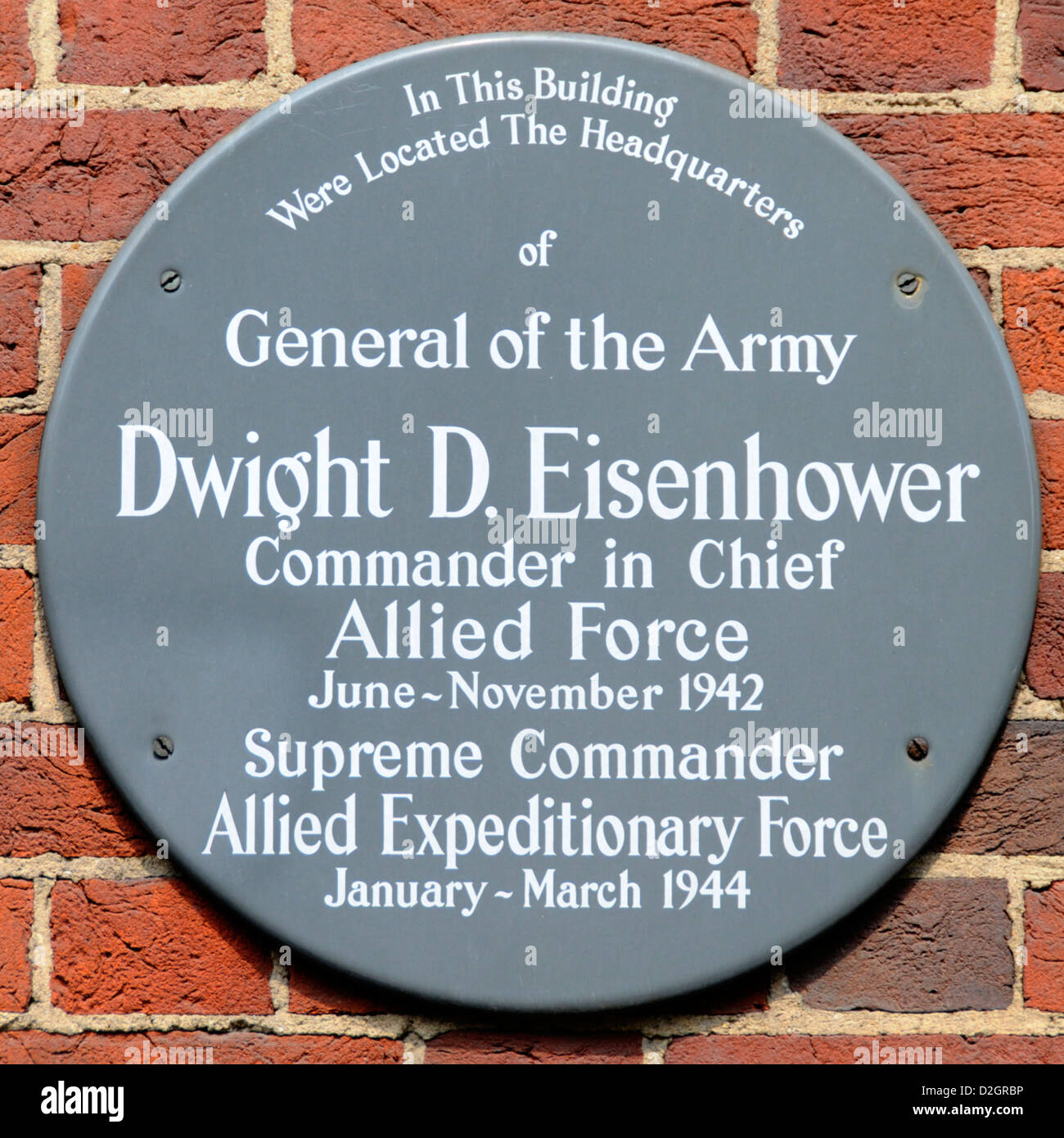 Plaque recording Dwight Eisenhower military headquarters during part of World War two Grosvenor Square London England UK Stock Photo