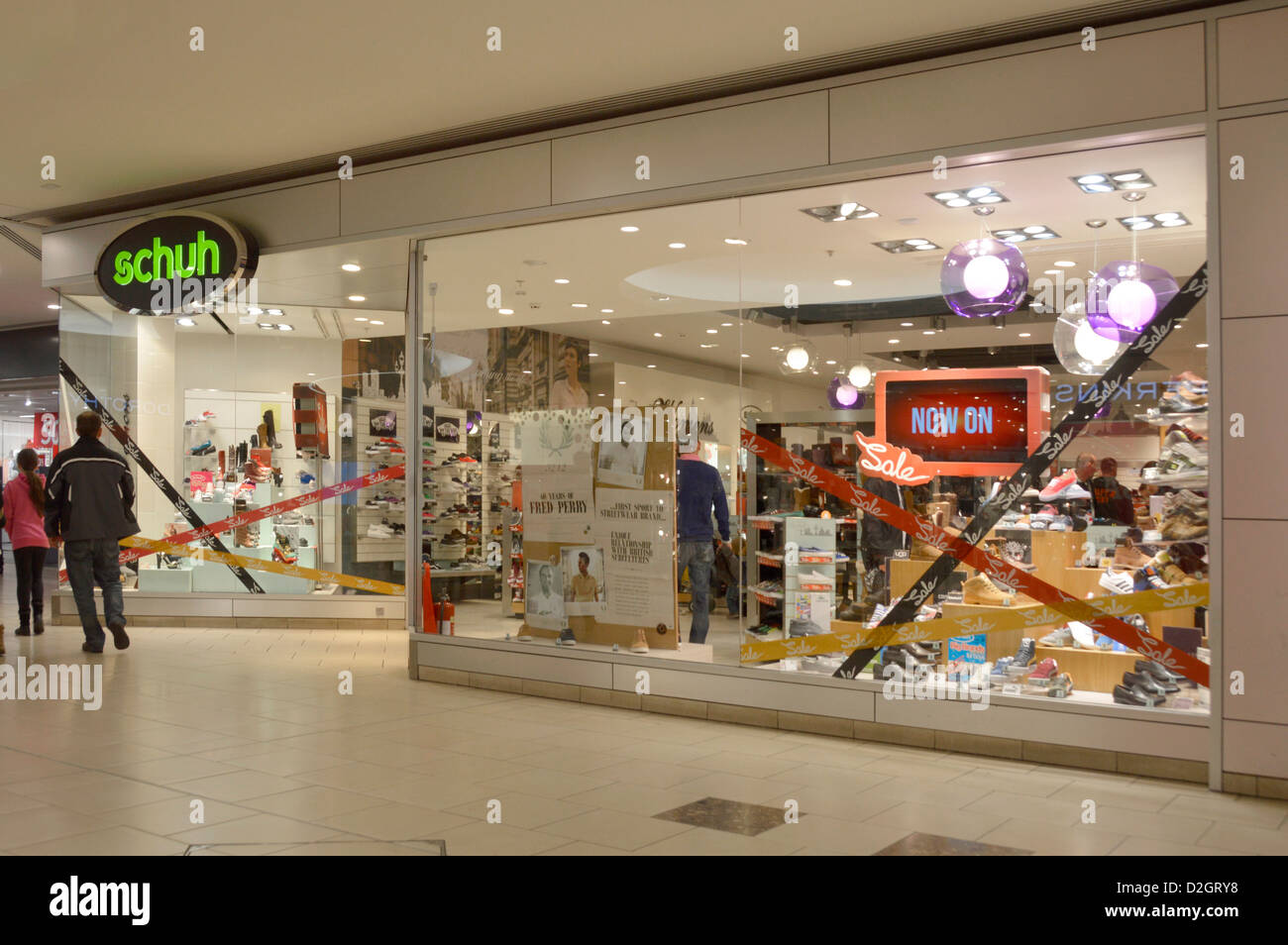 Shoe shop front window display in shopping mall at schuh store sale Lakeside West Thurrock Essex England UK Stock Photo