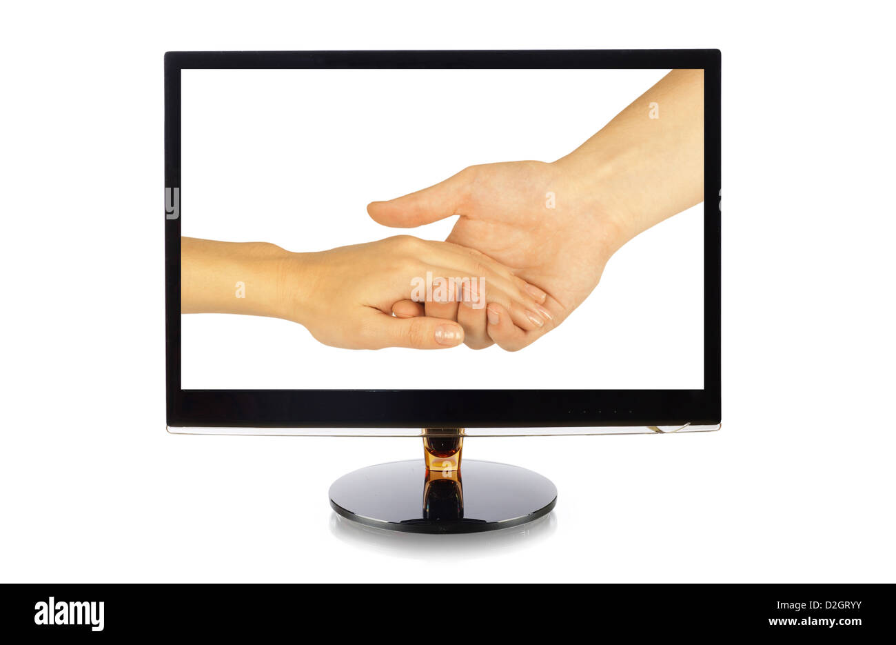 Shaking hands of two people, man and woman, in monitor isolated on