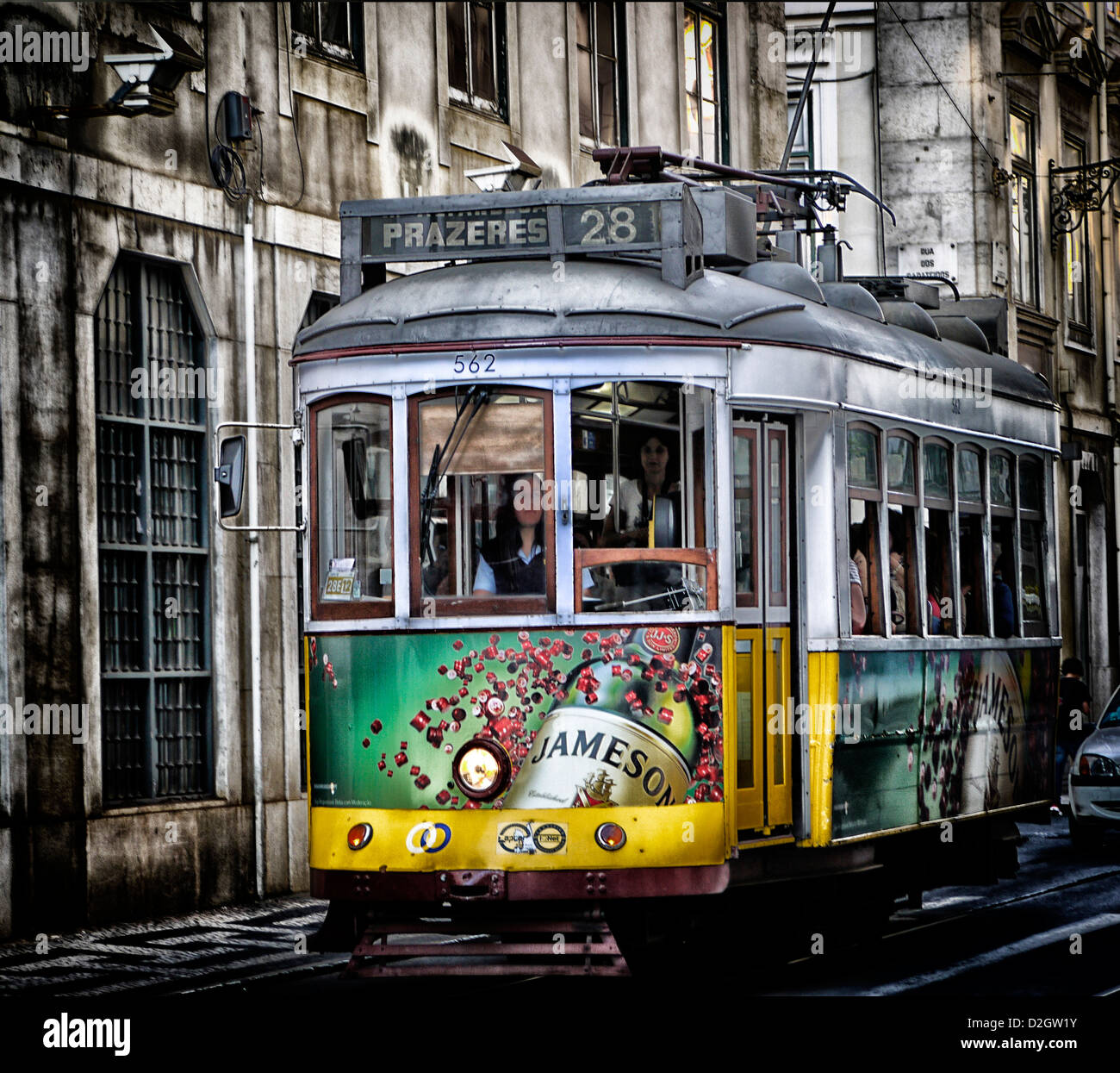 An old Lisbon tram with post photography work to enhance pictorial qualities. Stock Photo
