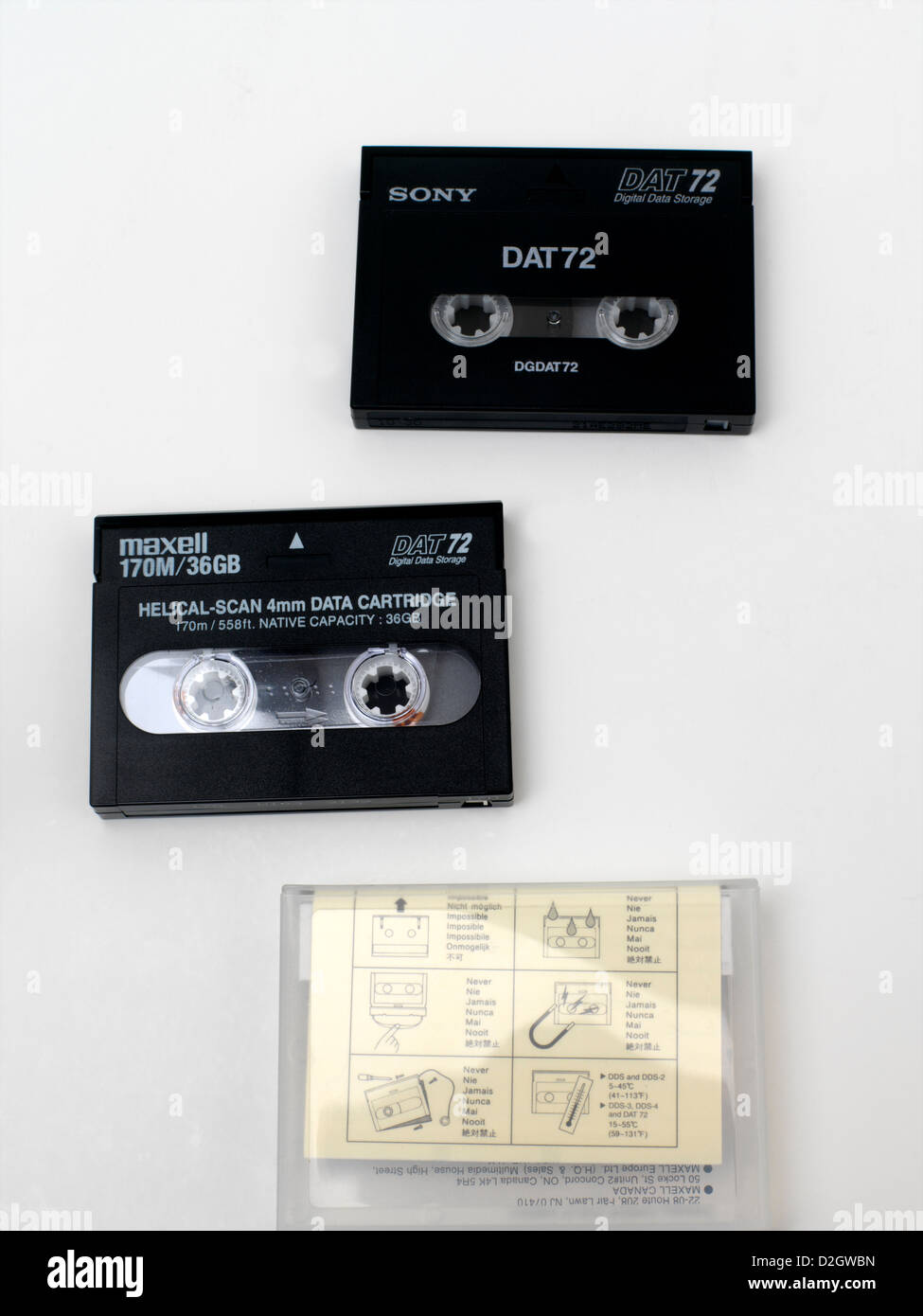 Two Digital Data Storage Tapes and Instructions with Case Stock Photo