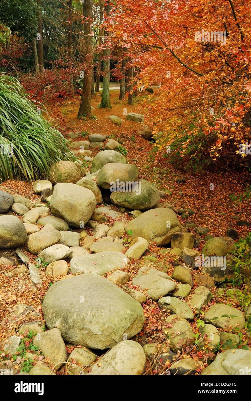 Nature landscape scenery of Chinese garden surrounded with rocks and trees, GongQing Forest Park, Shanghai City, China. Stock Photo