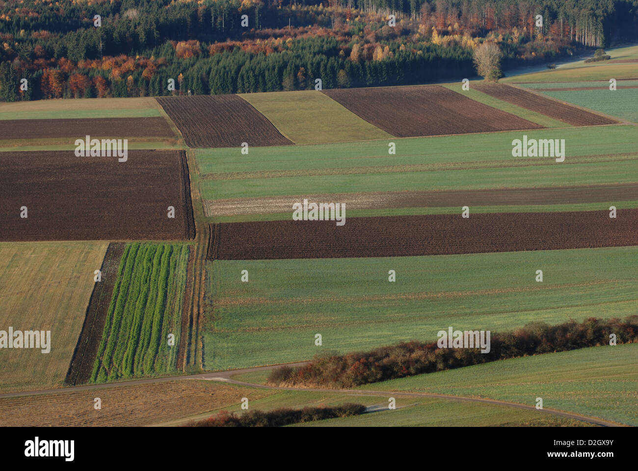 Blick vom Kornbühl auf der Schwäbischen Alb auf das Heufeld im Herbst. Herbstliche Äcker und Waldstücke. Stock Photo