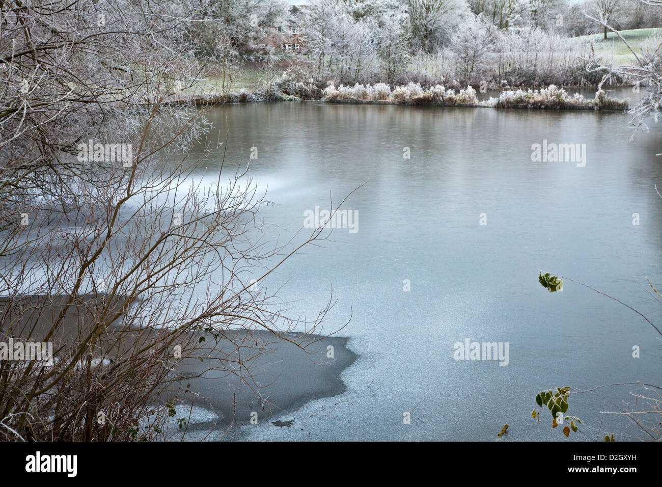 Hoar frost around a small lake known as Liden Lagoon in Swindon, Wiltshire, England, UK Stock Photo