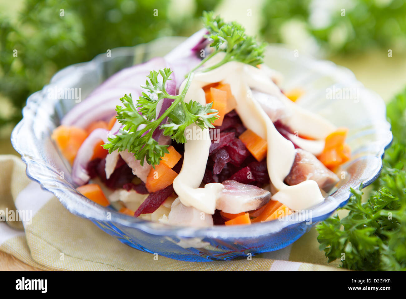 herring in a salad with beets and carrots, closeup Stock Photo