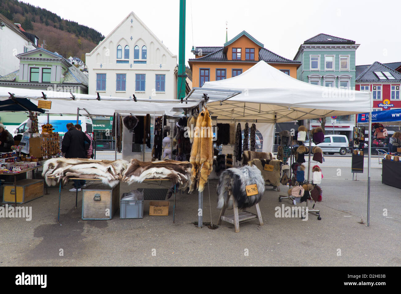 Street shop with animal fur in Bergen, Norway. Fur is still offered widely in Norway. Stock Photo