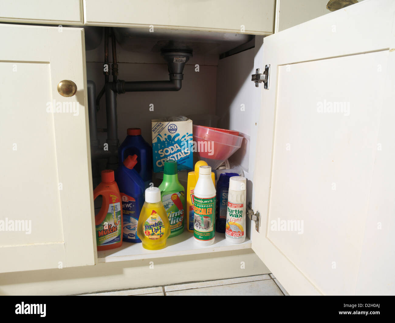 Various Toxic Cleaning Supplies underneath Kitchen Sink Stock Photo Alamy