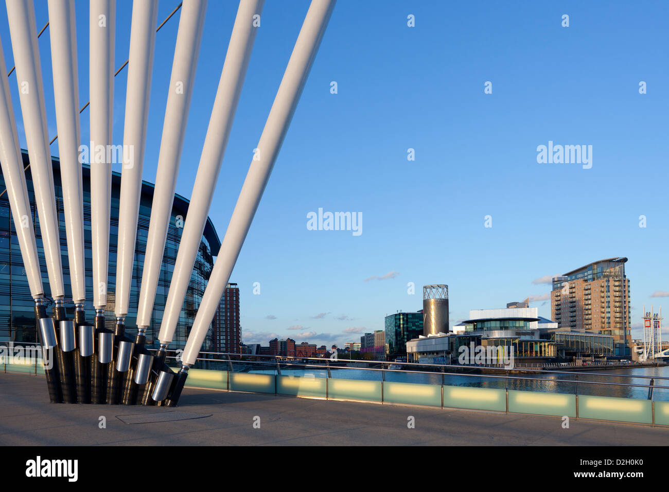 England, Greater Manchester, Salford quays,  Detail of the suspension bridge at Media City Stock Photo