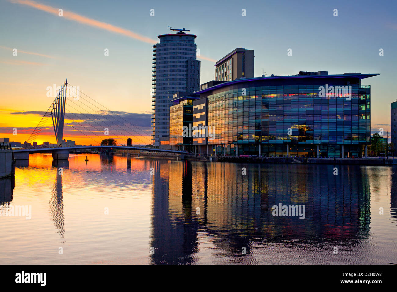 England, Greater Manchester, Salford, Salford quays sunset at Media city Stock Photo