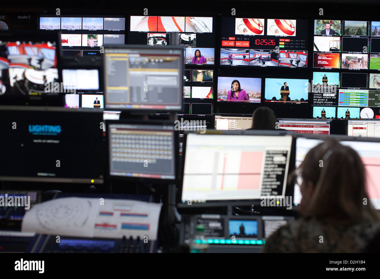 High-tech editing suite at BBC Global News newsroom, British Broadcasting House, Portland Place, London, United Kingdom Stock Photo