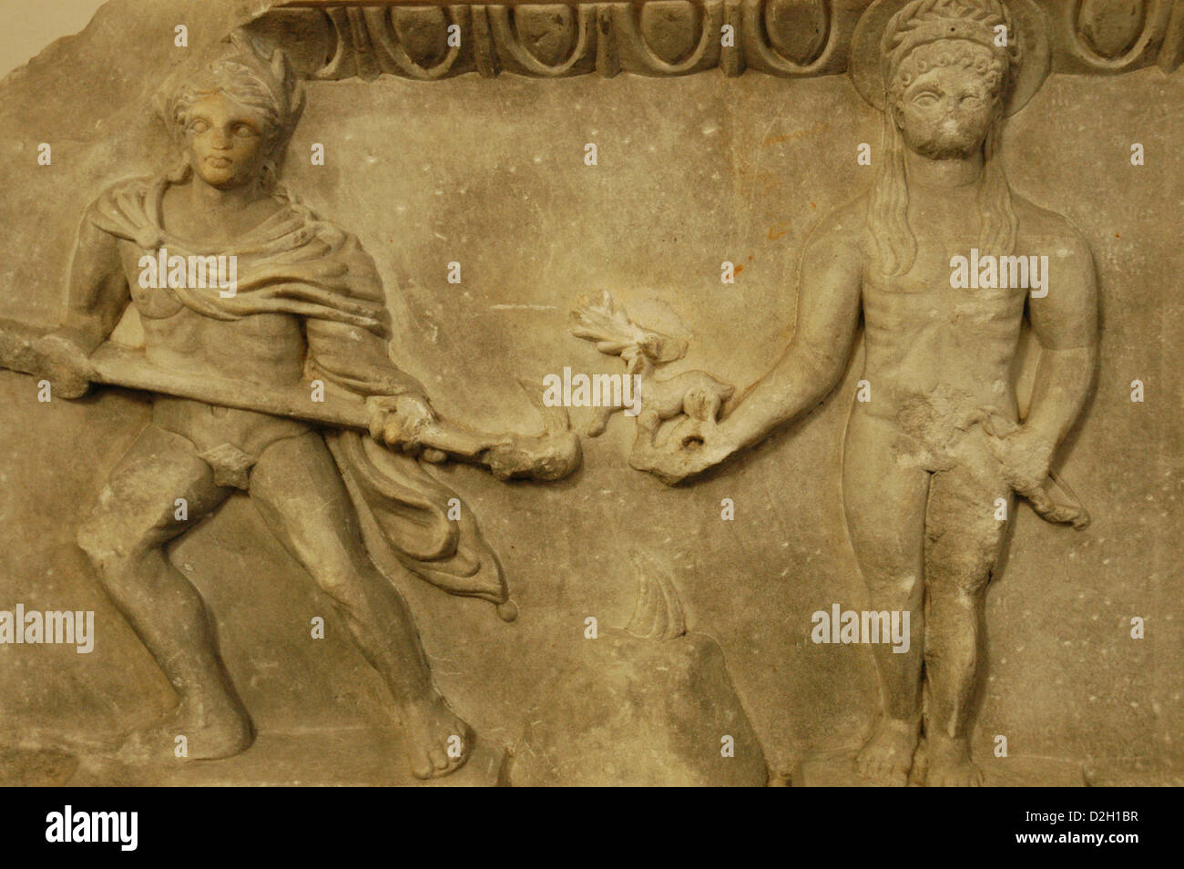 Cult statue of Apollo, standing between two torchbearers. 175200 AD