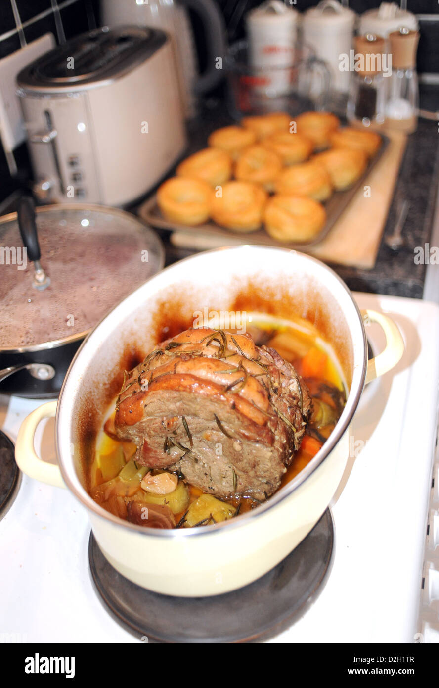 Roast beef pot roast for a British Sunday lunch Stock Photo