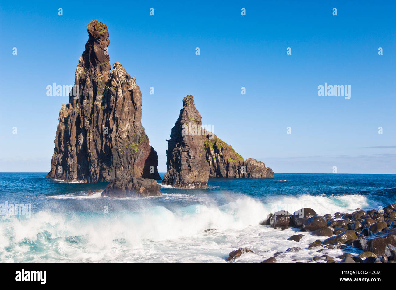 Near Porto Moniz is the coastal rocky outcrop of the Ribeira da Janela (valley of the window), Madeira, Portugal, EU, Europe Stock Photo