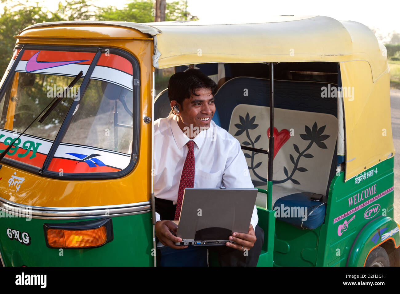 India, uttar Pradesh, Agra Indian businessman sitting in autorickshaw