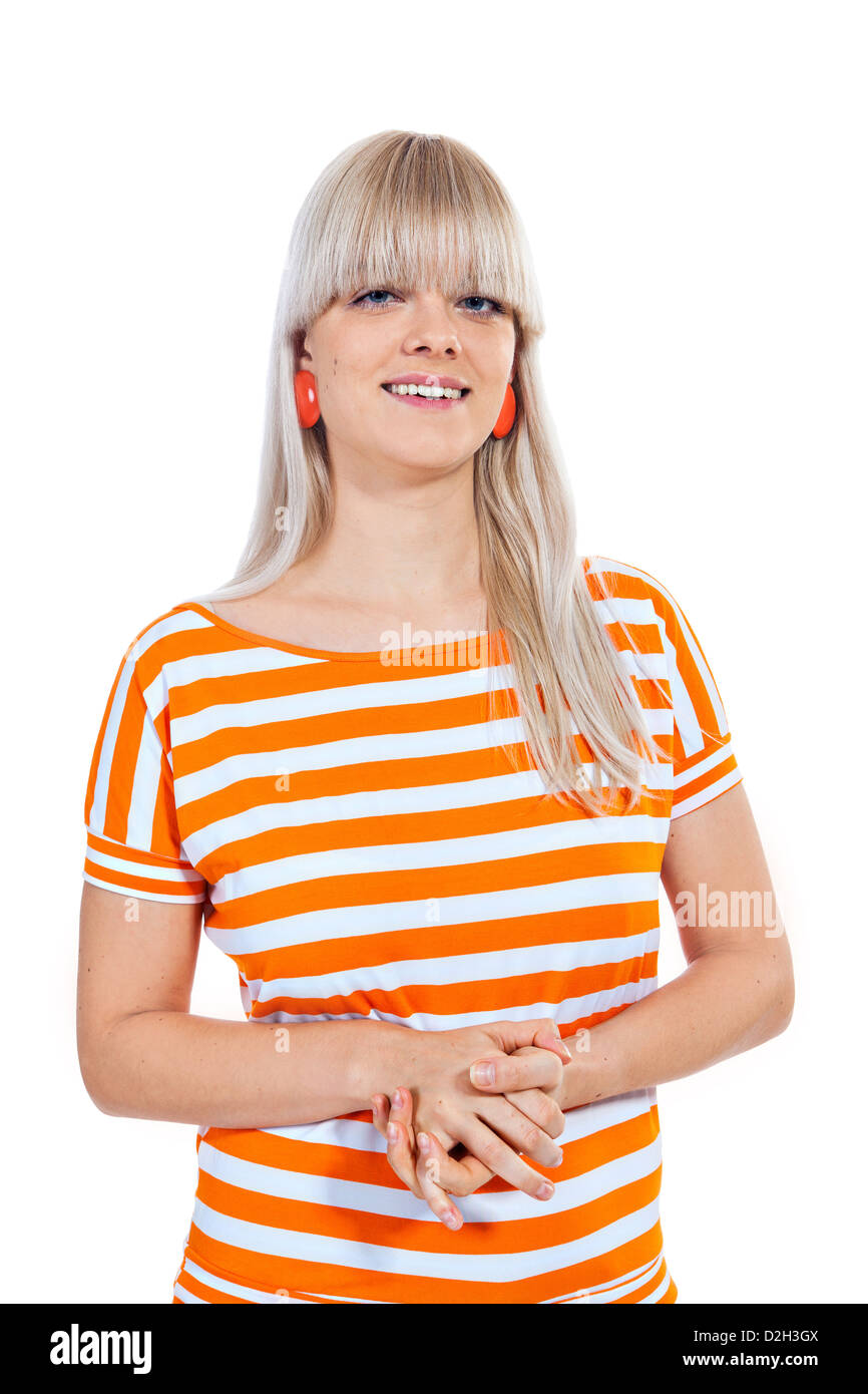Beautiful smiling blond girl with bangs isolated on white background Stock Photo