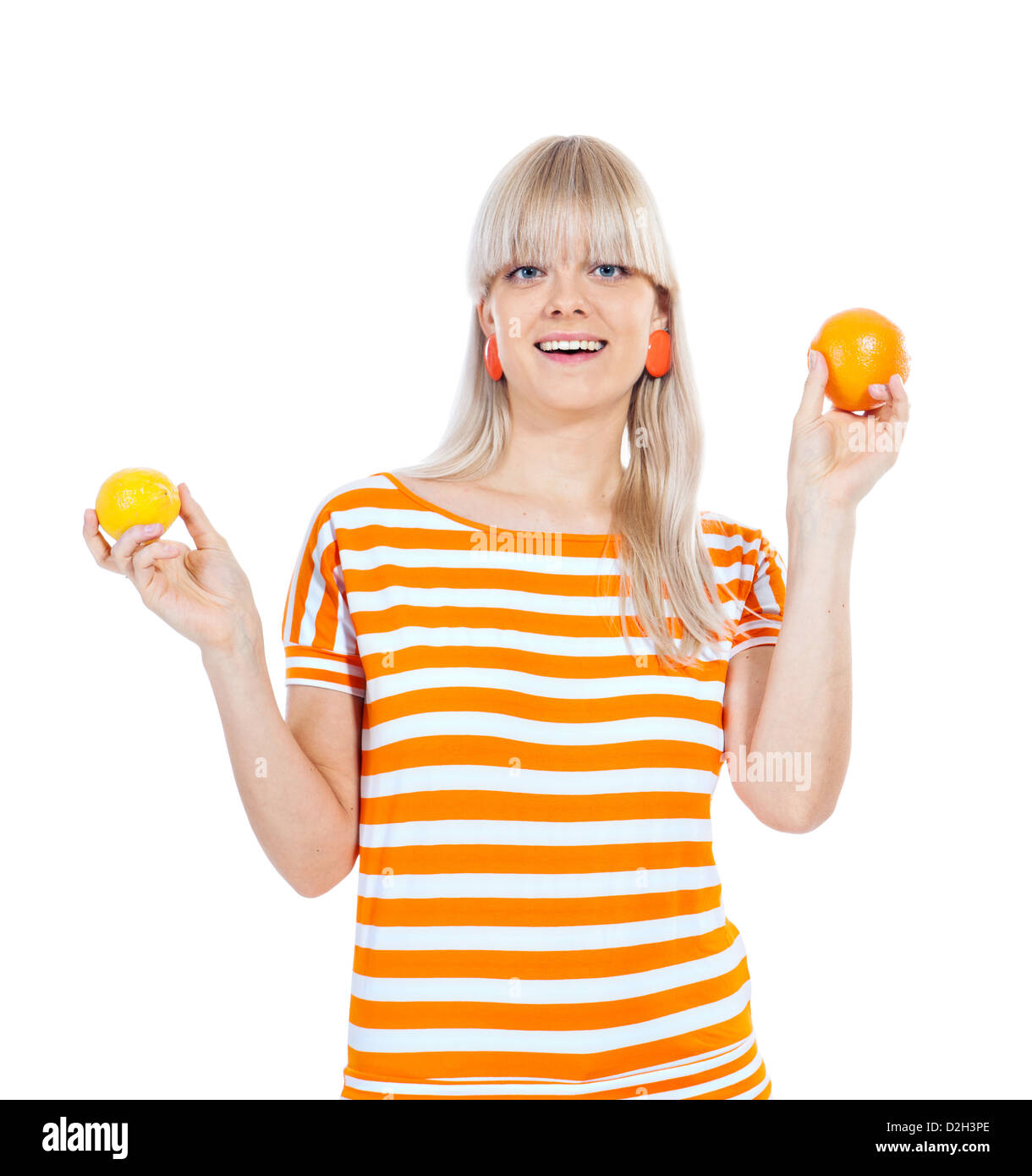 Beautiful blond girl with orange and lemon isolated on white background ...