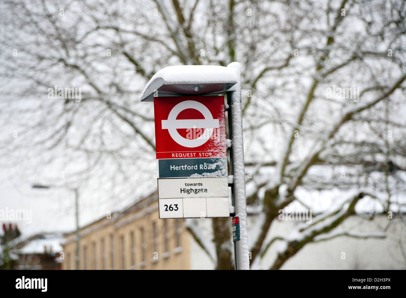 Bus stop sign covered in snow 263 bus stop Stock Photo