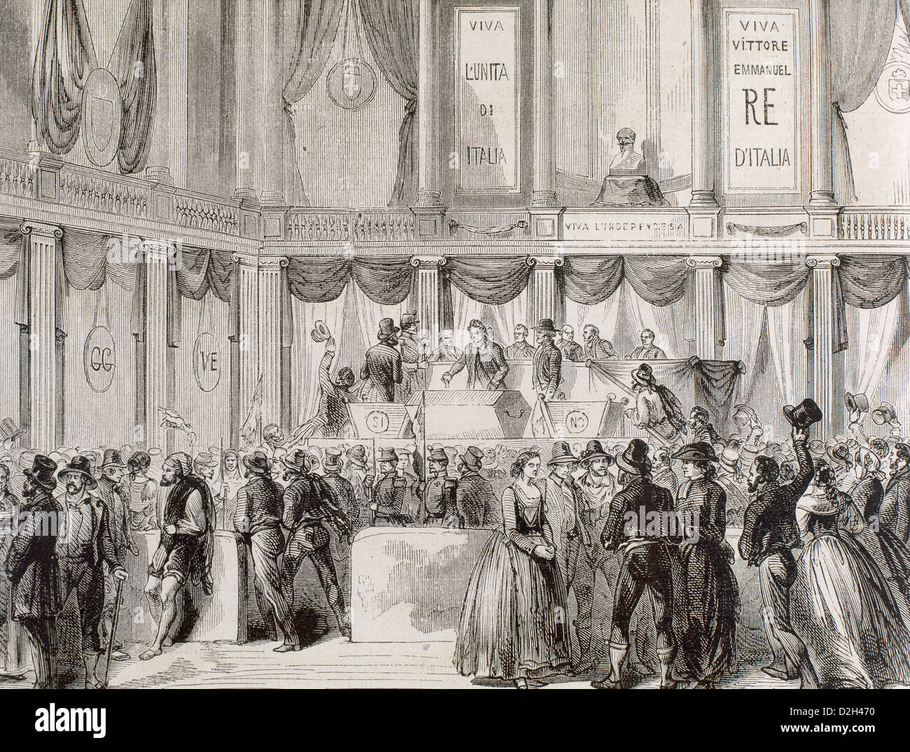 Italian Unification (1859-1924). Vote for the annexation of the Two Sicilies kingdom to the Italy Kingdom. Engraving. Stock Photo