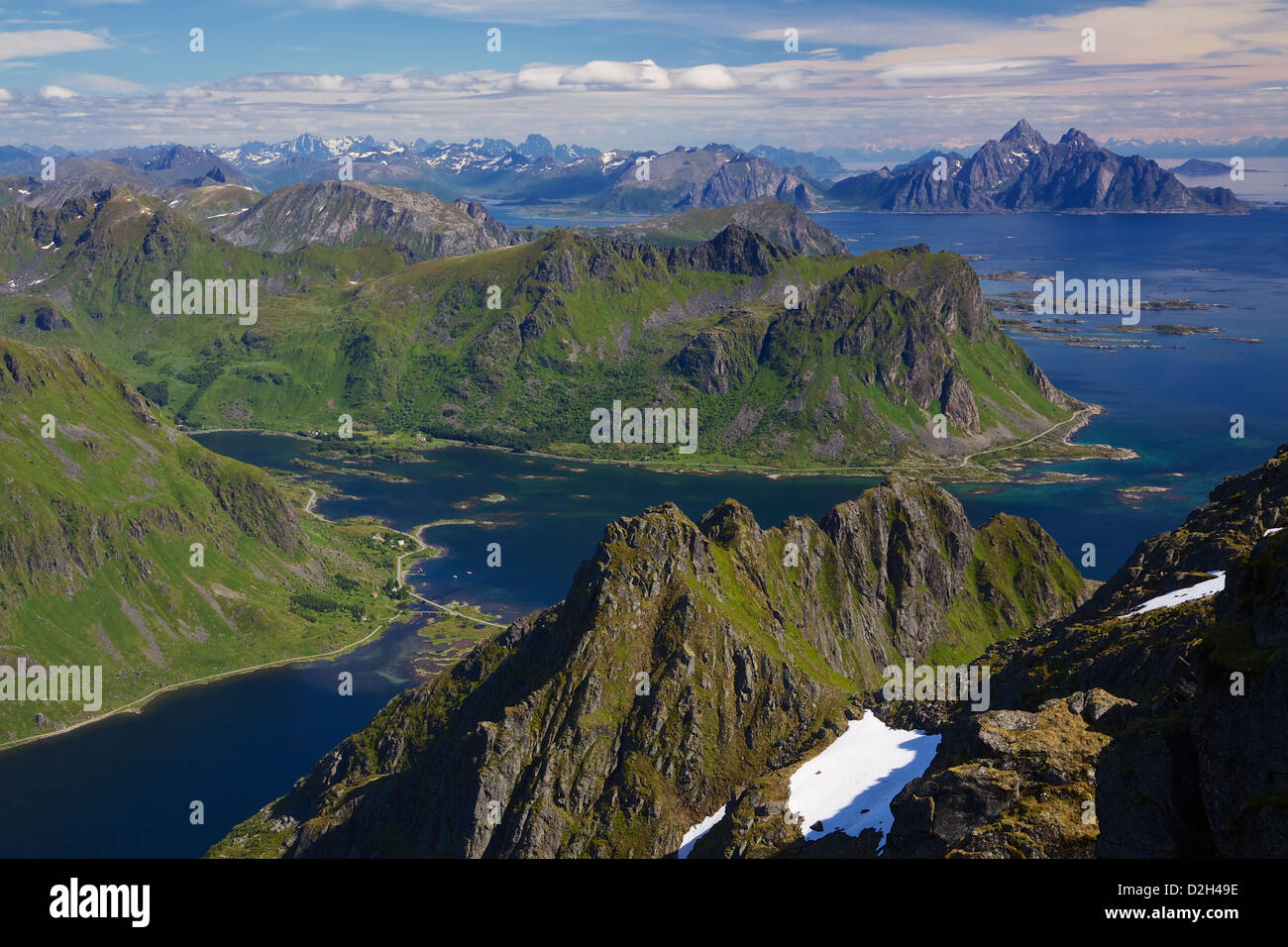 Scenic aerial view of sharp mountain peaks and deep fjords on Lofoten