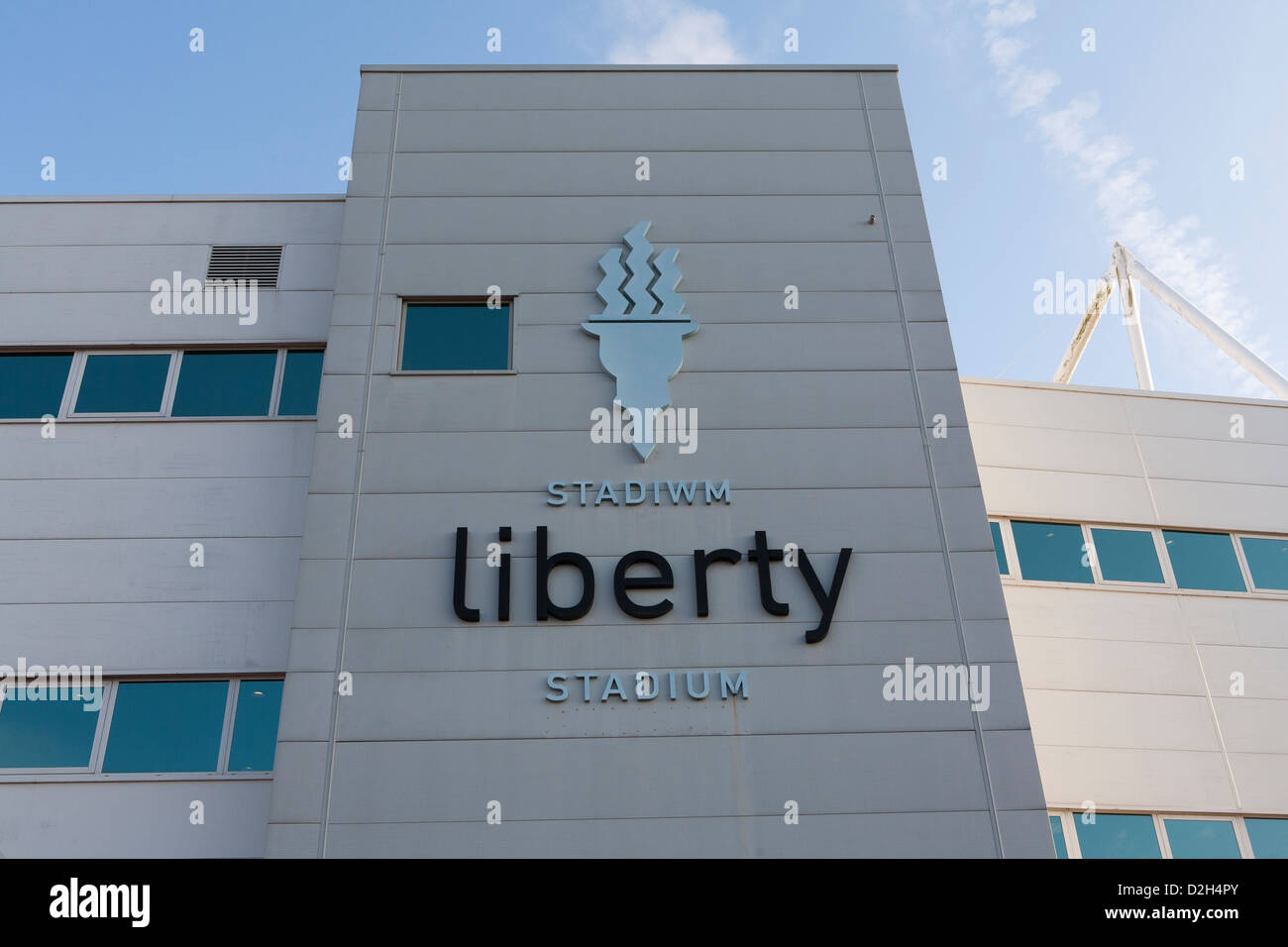 General view of the liberty stadium logo in Swansea, Wales. Stock Photo