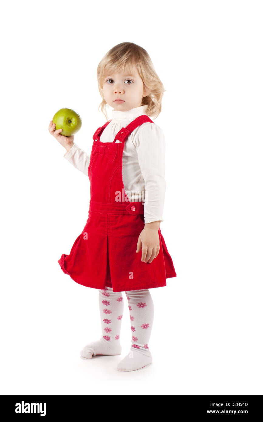 Baby girl with apple. Isolated on white background Stock Photo