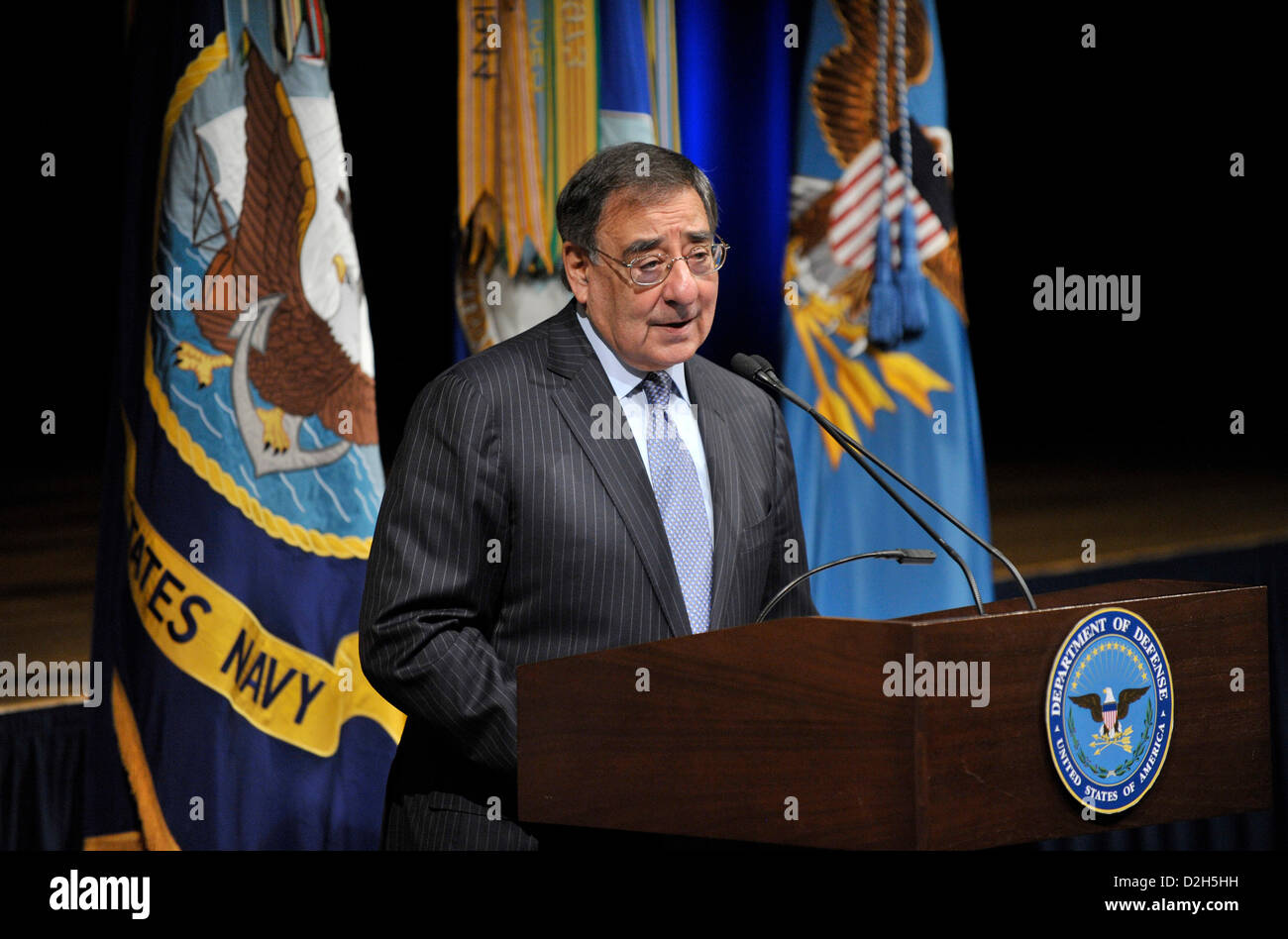 Arlington, Virginia, USA. 24th January 2013. US Secretary of Defense Leon Panetta delivers remarks during the 28th annual observance of Martin Luther King Jr. in the Pentagon Auditorium January 24, 2013 in Arlington, VA. Panetta is expected to officially lift the restrictions on women in combat later in the day. Credit: Planetpix / Alamy Live News Stock Photo